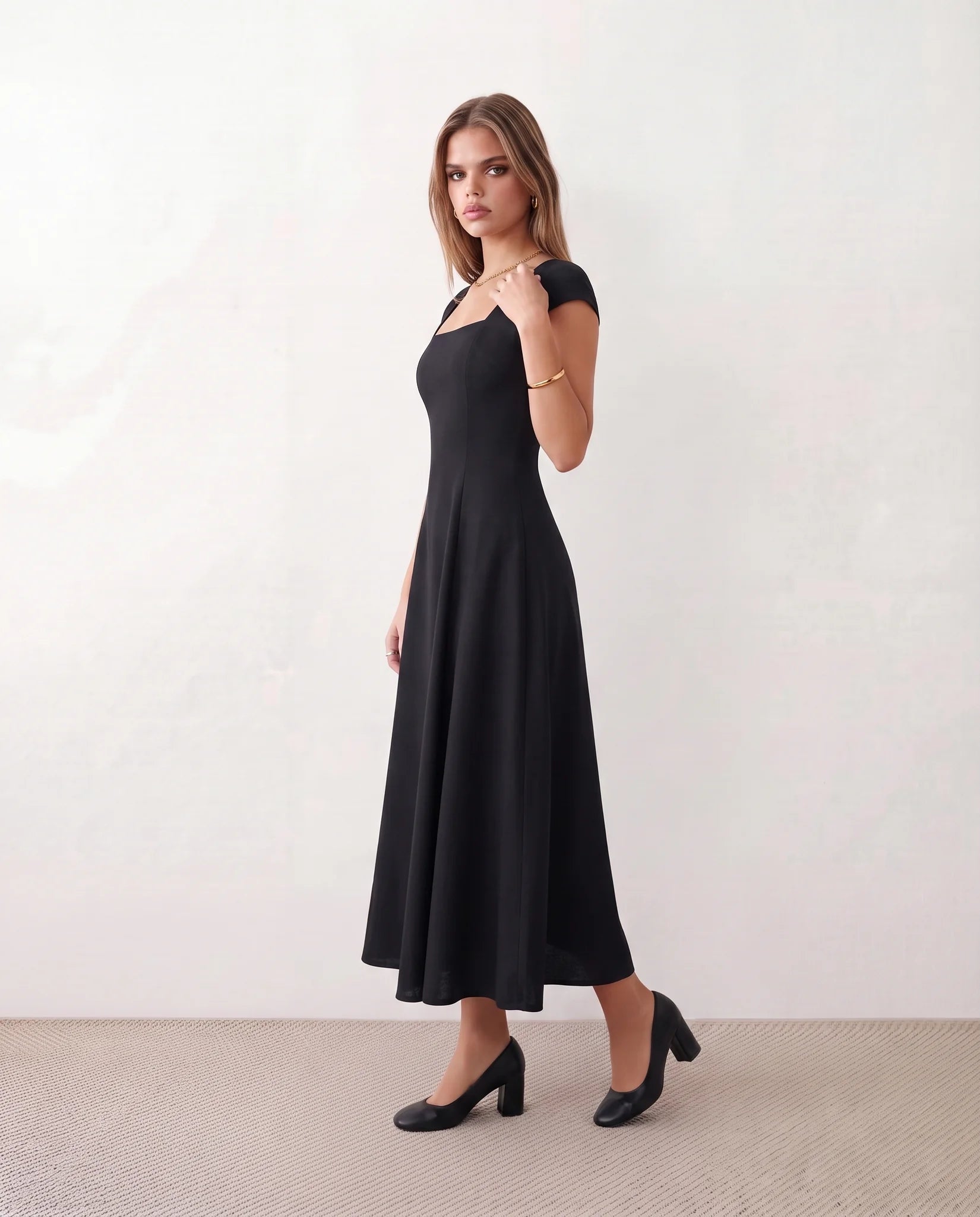 Katalina A-Line Midi Dress in Black — side view