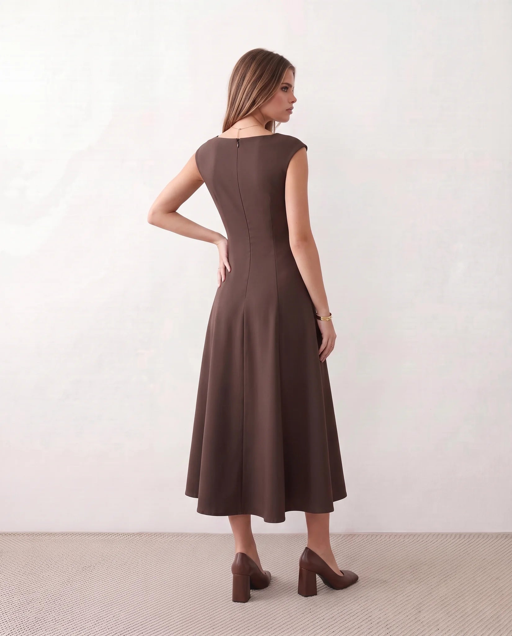 Katalina A-Line Midi Dress in Brown — back view