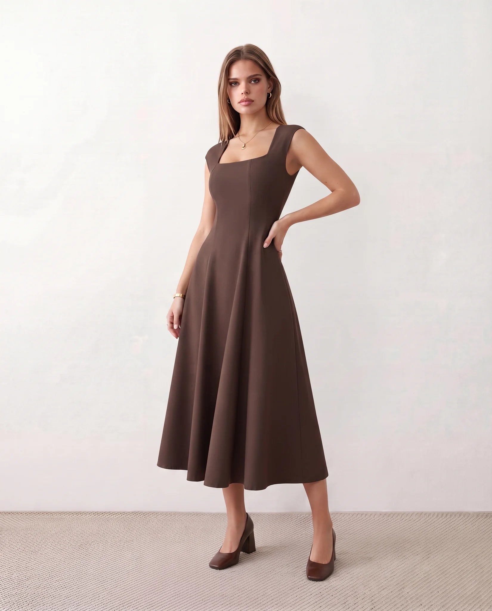 Katalina A-Line Midi Dress in Brown — front view