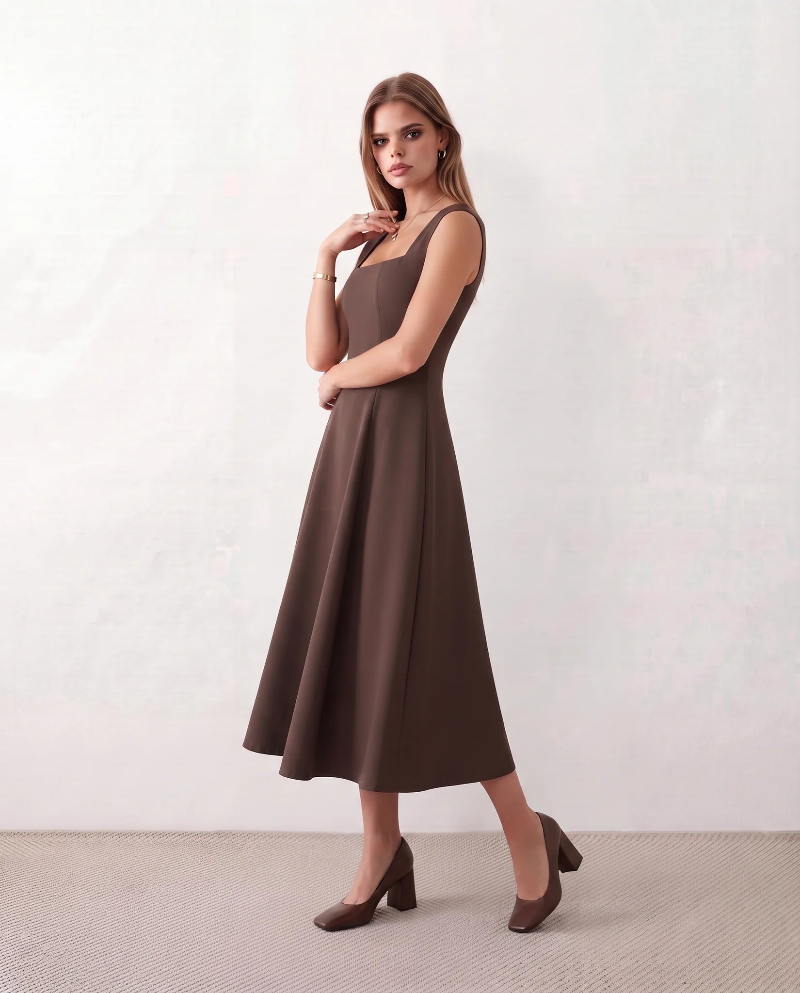 Katalina A-Line Midi Dress in Brown — side view