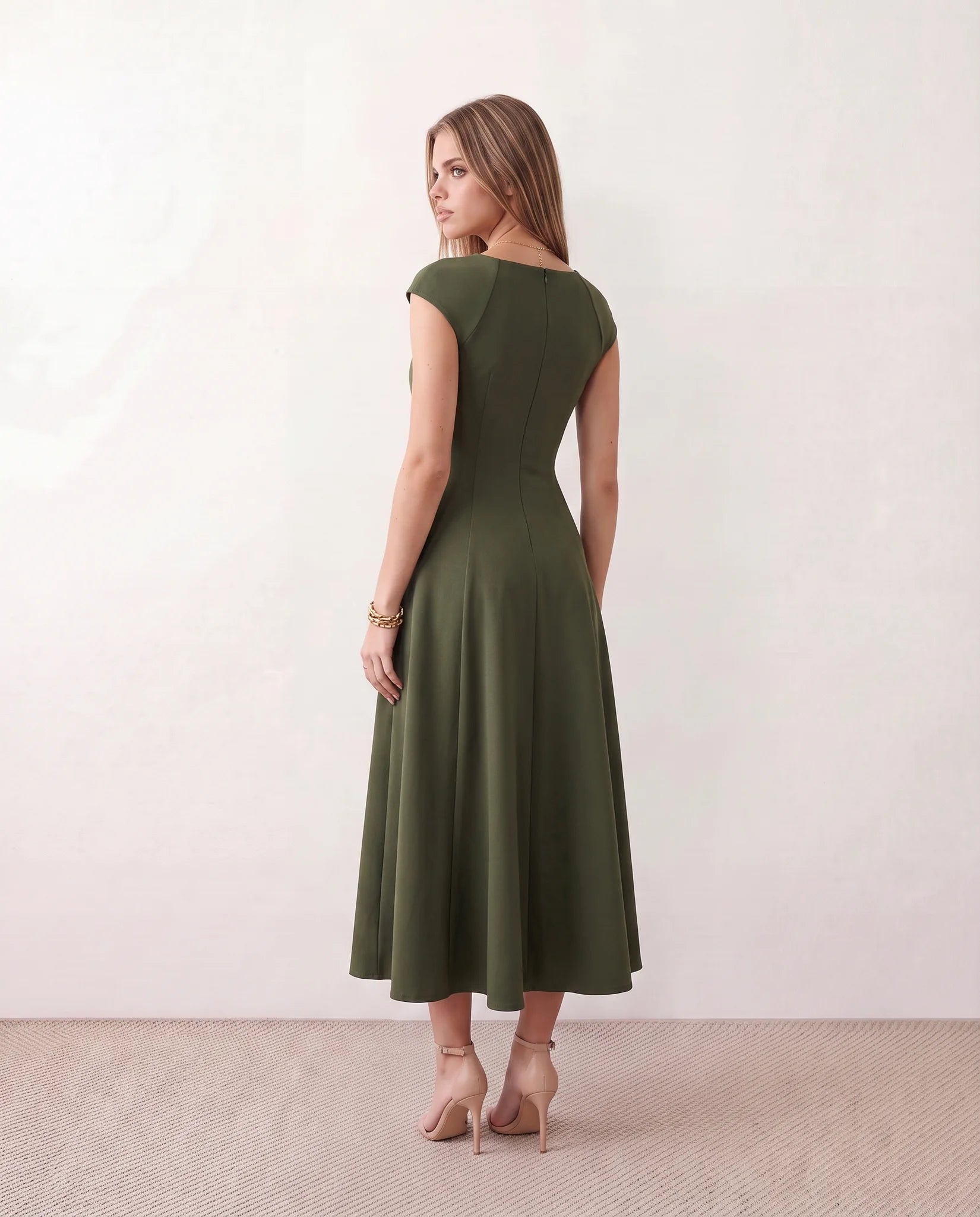 Katalina A-Line Midi Dress in Green — back view