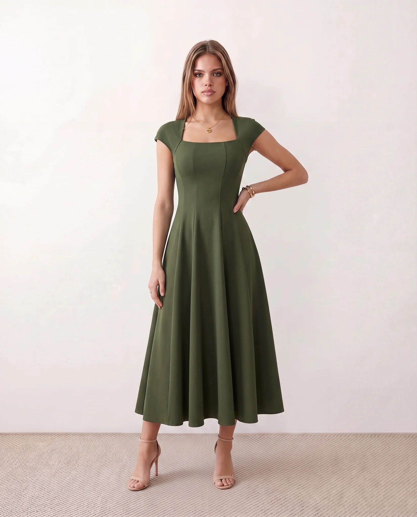 Katalina A-Line Midi Dress in Green — front view