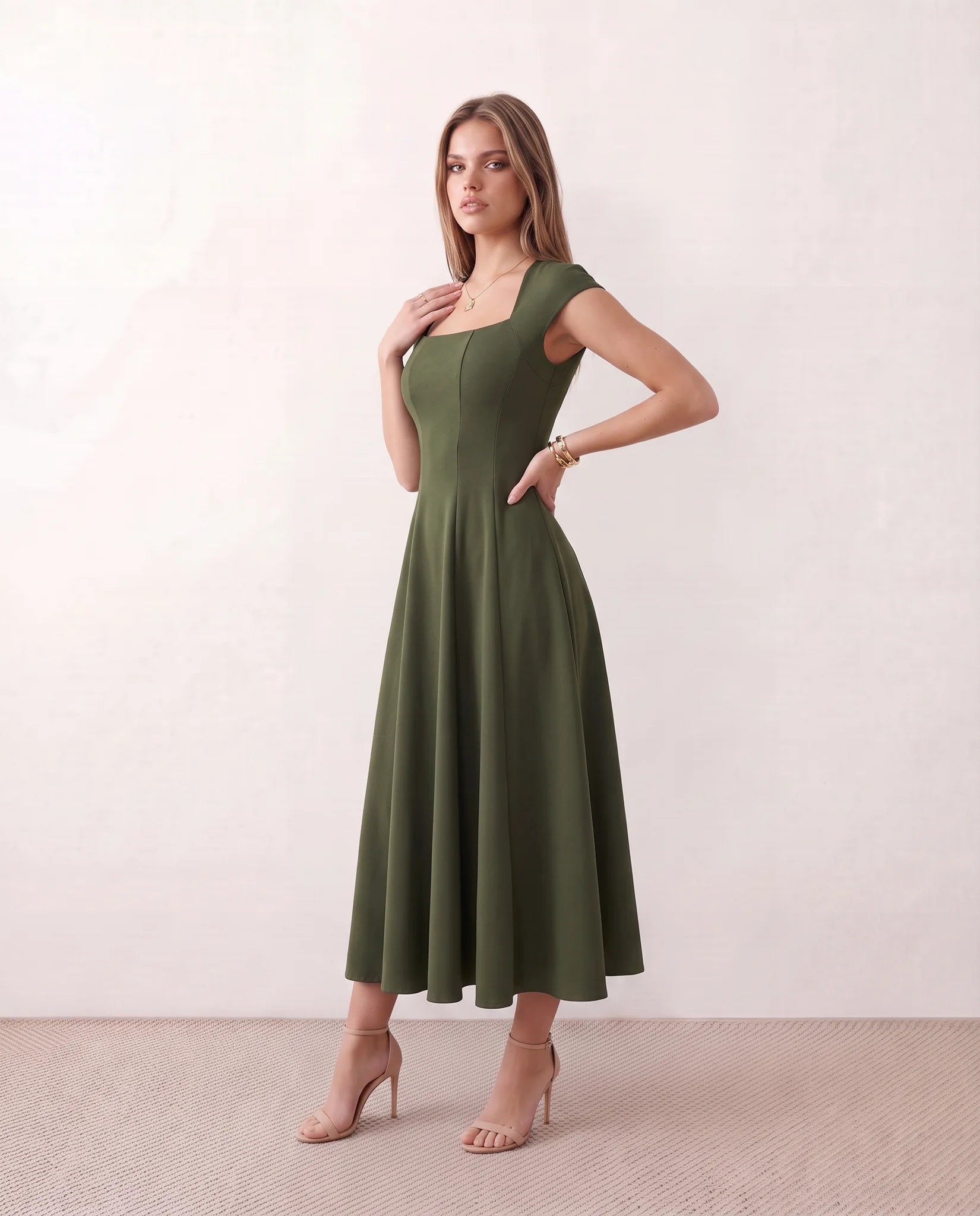 Katalina A-Line Midi Dress in Green — side view