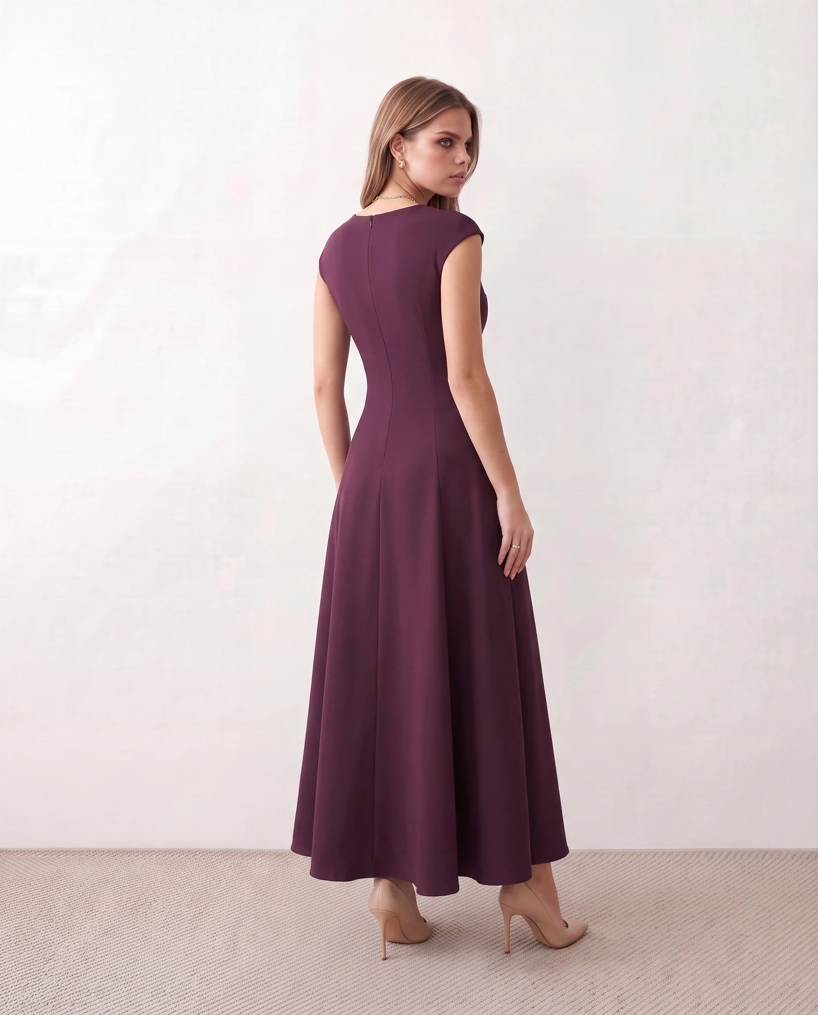 Katalina A-Line Midi Dress in Purple — back view